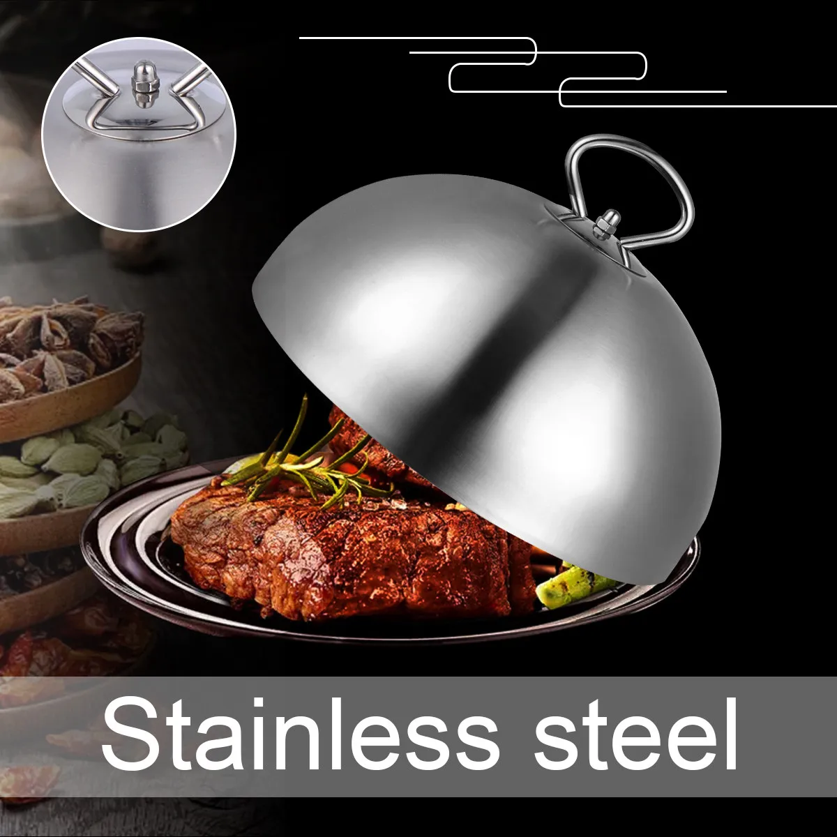 Stainless Steel 28Cm Steak Cover Dome Lid Anti Oil Splashing Cooking Tool Metal Cloche Dome for Food Kitchen Steak Cover
