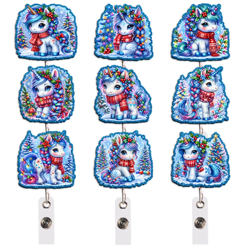 Kawaii Winter Unicorn Badge Reel Collection Styles with Clip for Student School Office Daily Commute