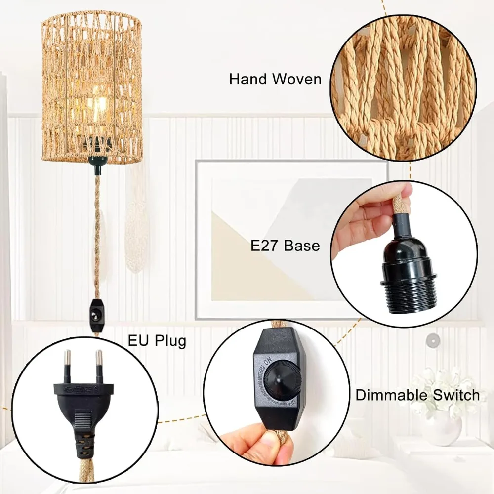 Pack of 2 Boho Paper Rope Wall Lamp with Dimmable Switch&Plug Indoor Rustic Handmade Hemp Rope Wall Lights for Bedroom Staircase