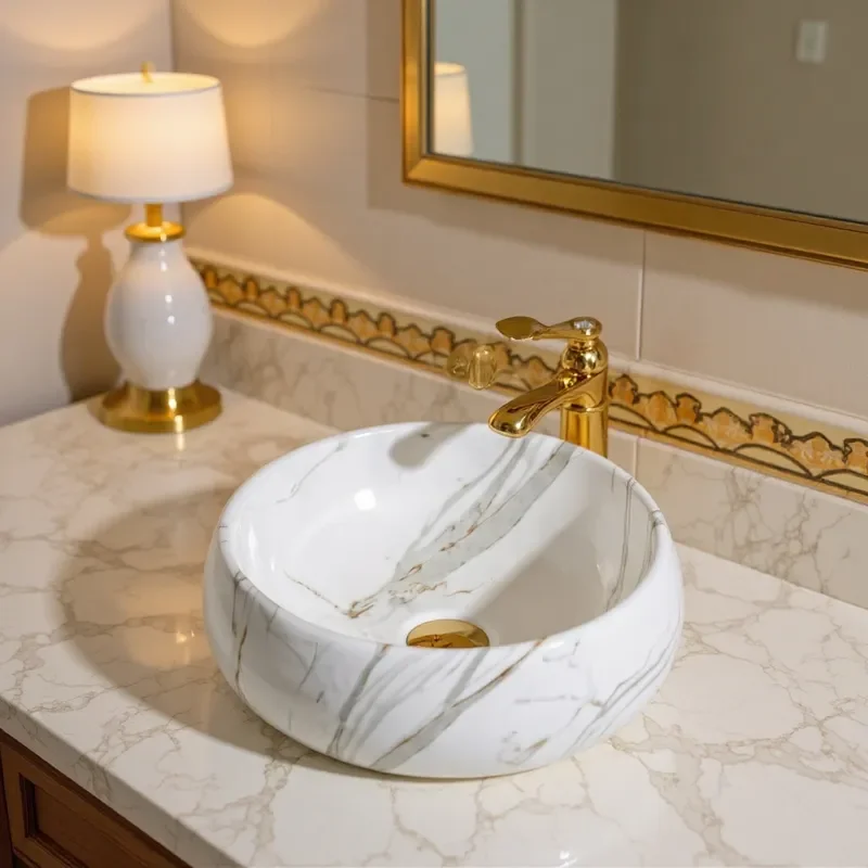 Ceramic Countertop Basin with Solid Copper Faucet Bathroom Vanity Cabinet Set Modern Home Wash Sink