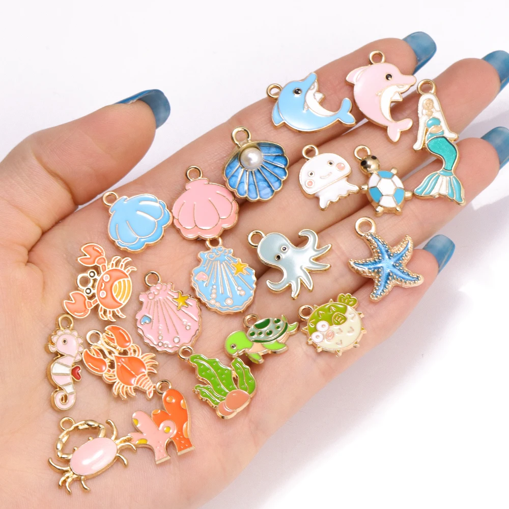 10 Stück Mix Emaille Charms 20 Stile Meeresleben Seestern Krabbe Delphin Muschel Schildkröte Anhänger DIY Ohrringe Schmuck Zubehör Materi