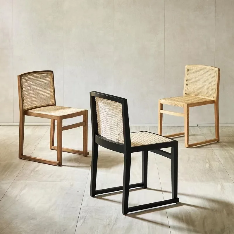 //Set Modern Bohemian Style Solid White Wax Wood Frame Rattan Dining Chairs Stackable Armless Eco-Friendly For Kitchen Bathroom