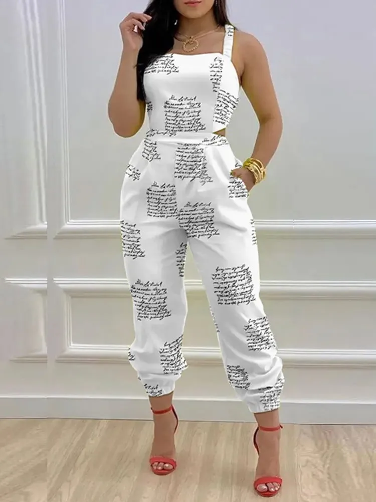 

Elegant Women's Jumpsuit Sleeveless V Neck Sexy Suspender Printed Backless High Waist Pockets Jumpsuits Female Casual Jumpsuits