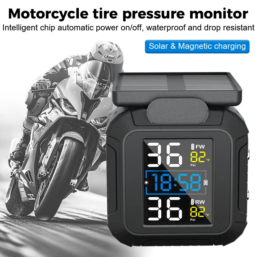 Solar Power Tire Pressure Monitoring System Temperature Alarm With 2 External Sensors Motorcycle TPMS Real Time