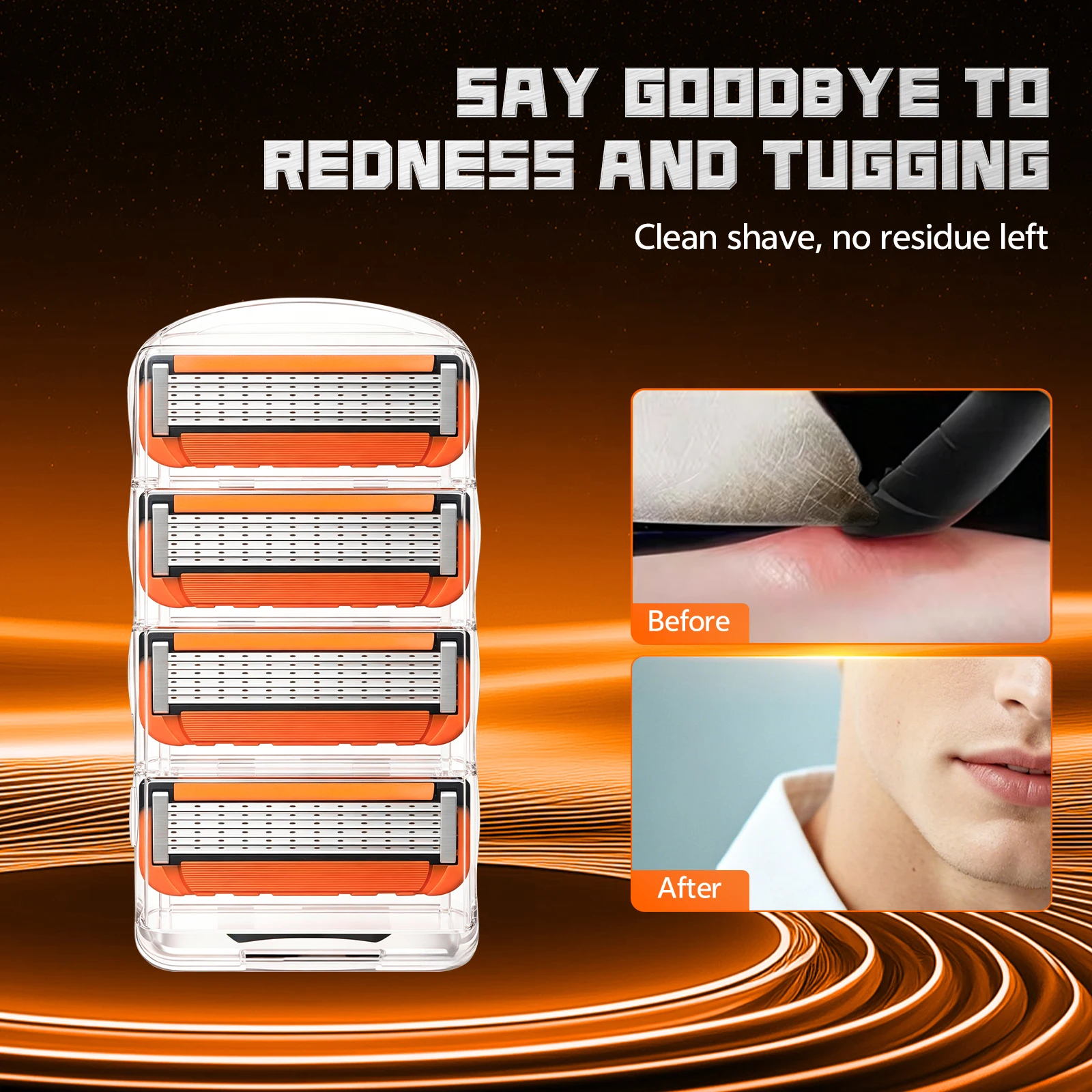 Men's 6-Layer Stainless Steel Replaceable Razor Blades, Classic T-Shaped Safety Blade Replacement Heads, Orange Multi-Pack Suitable for Daily Facial Cleaning and Care