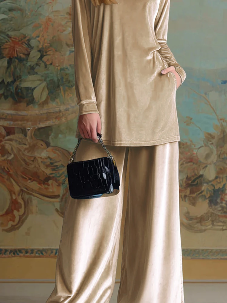 خريف جديد إمرأة الصلبة قطعتين مزاجه المخملية فضفاضة تخفيف وتتسابق أنيقة س الرقبة طويلة الأكمام البلوفرات وسراويل جيب مجموعات