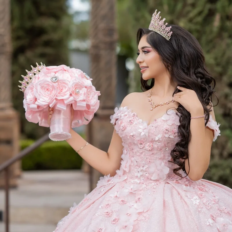 

Shiny Pink Quinceanera Dress off-shoulder glitter 3D flower decal Long tail vestidos de 15 Quinceanera ﻿Customize