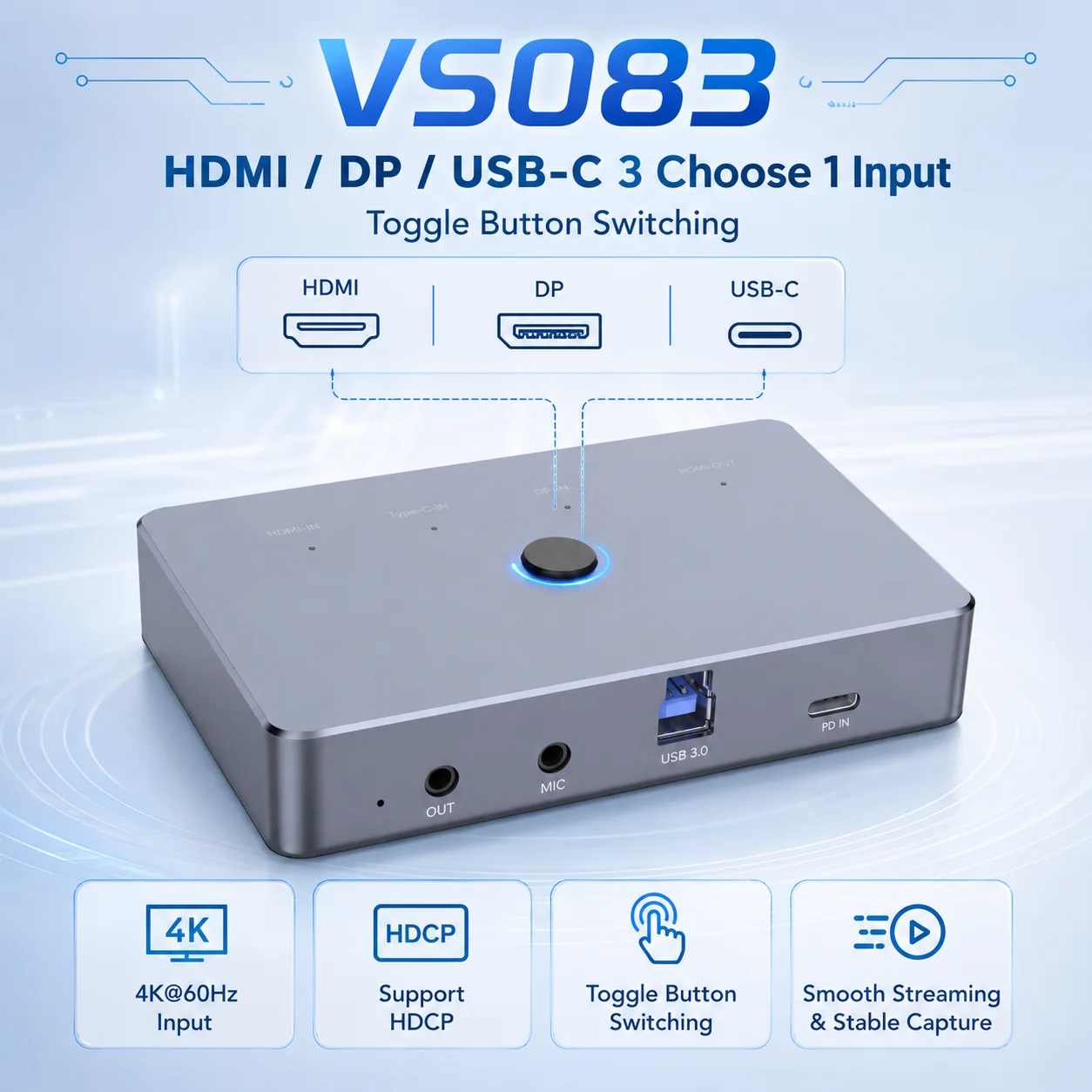 VS083 4K 60Hz HDMI DP Type C Video Capture Card 100W PD USB 3.0 Switch KVM Grabber Loop Out VRR HDR for Game Live Stream