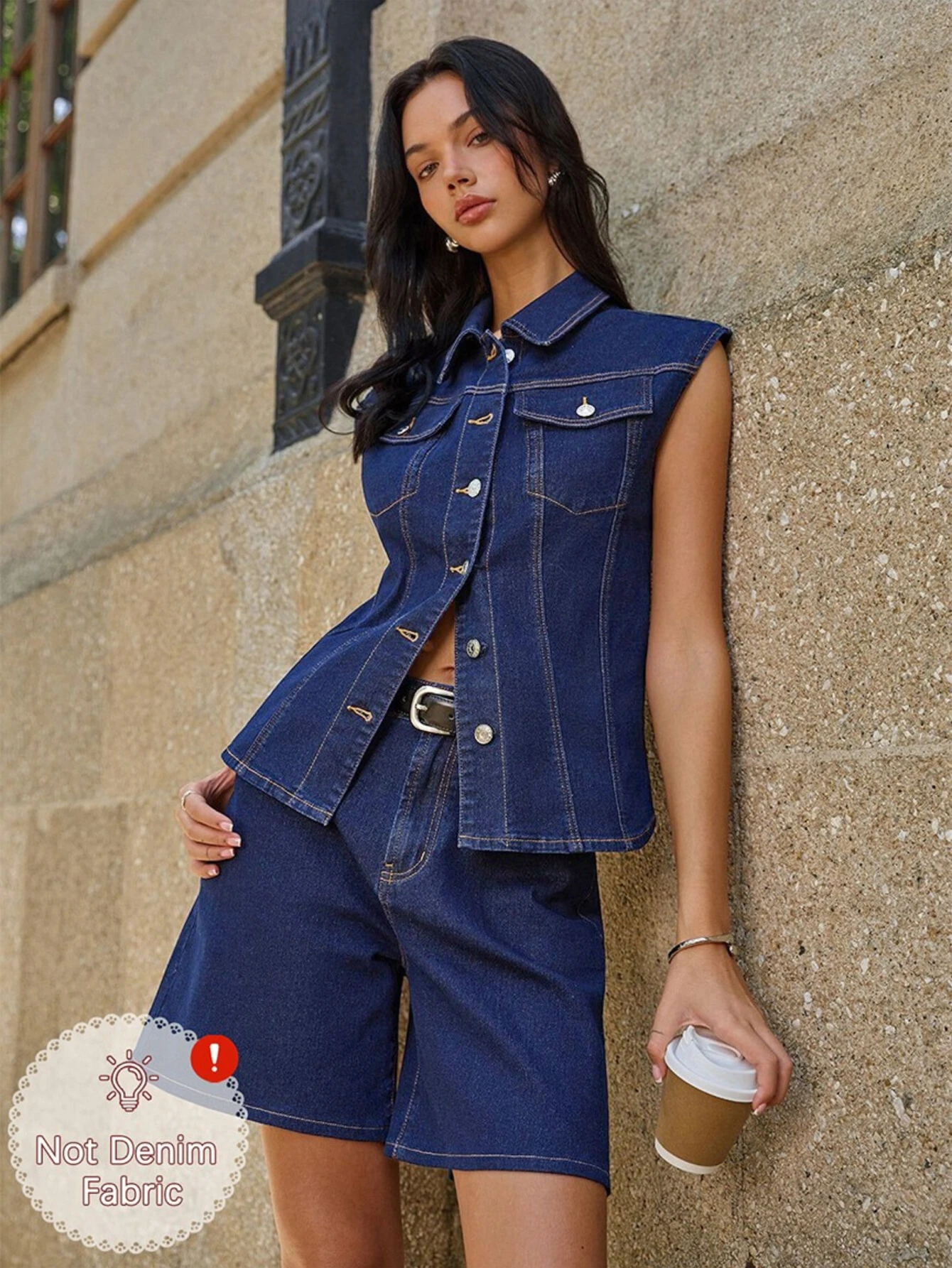 Women's Collared Sleeveless Button Vest Top + High Waist Knee Length Shorts Fashion Two Piece Outfit Set For Ladies