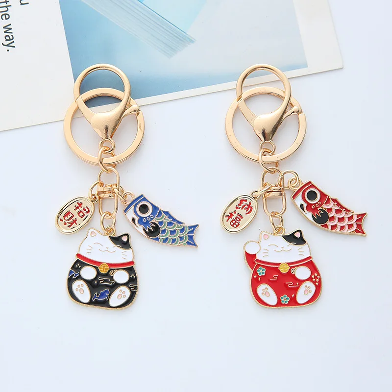 

Creative Japanese Fortune Cat Key Chain Japanese Cartoon Lady Lucky Metal Key Ring Couple Pendant Decorative Accessories