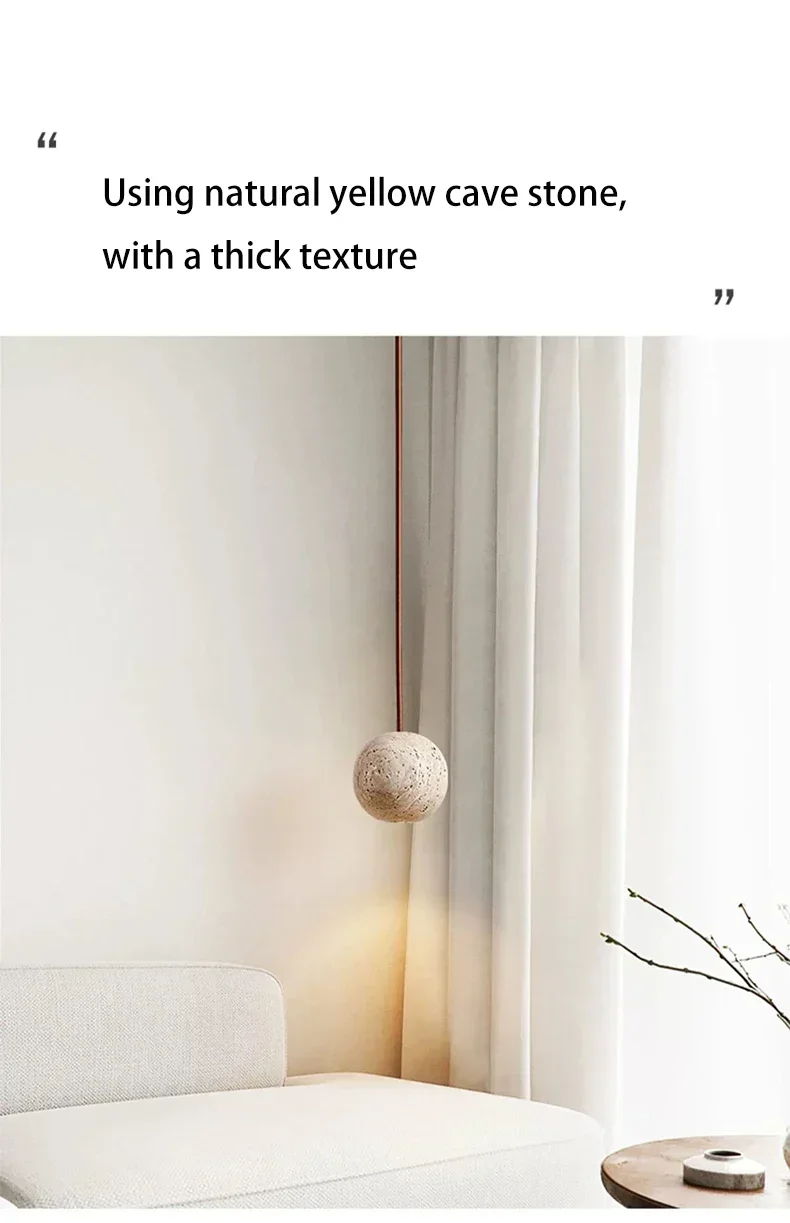 

CX282HA Simple Travertine Round LED Chandelier for Bedroom Bedside Natural Stone Pendant Light Decorative Hanging Line Light