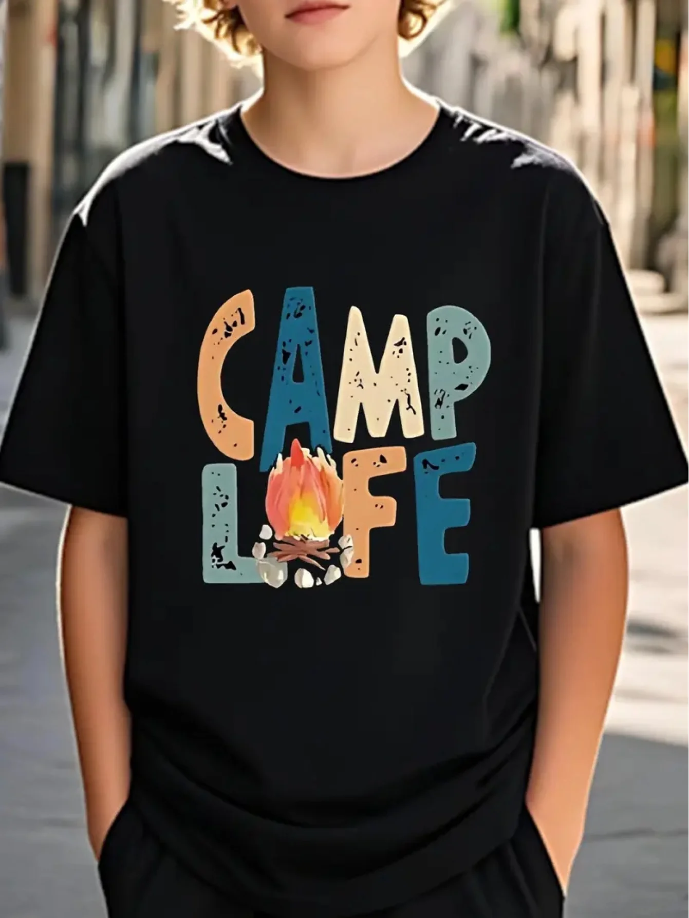 Camp Life Bonfire Graphic Kids Boys T-Shirt Soft Cotton Round Neck Summer Outdoor Tee