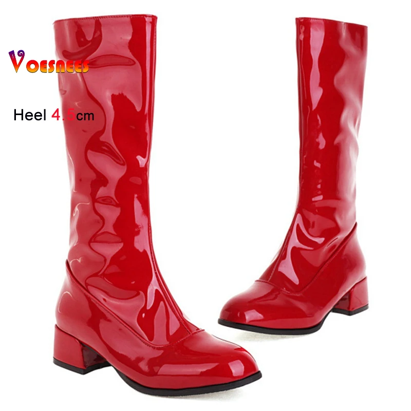 2025 Autumn Winter Red Women's Knight Boots Block Heels 4.5cm Side Zipper Soft Patent Leather Shoes Round Head Ladies Long Boots