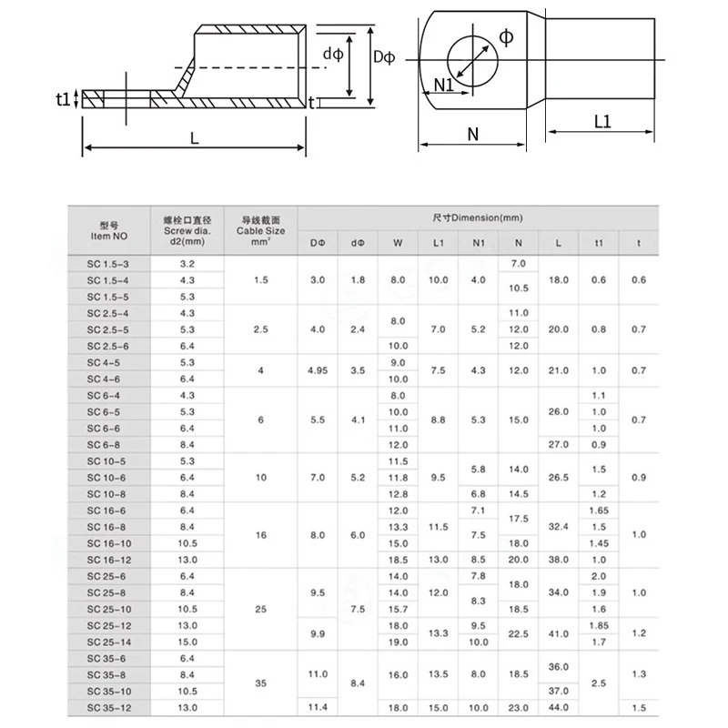 10/25/50/100pcsCopper Lug Ring Wire Connectors Bare Cable Electric Crimp Terminal SC6-6 SC6-8 SC10-6 SC10-8 SC16-6 SC25-6 SC25-8