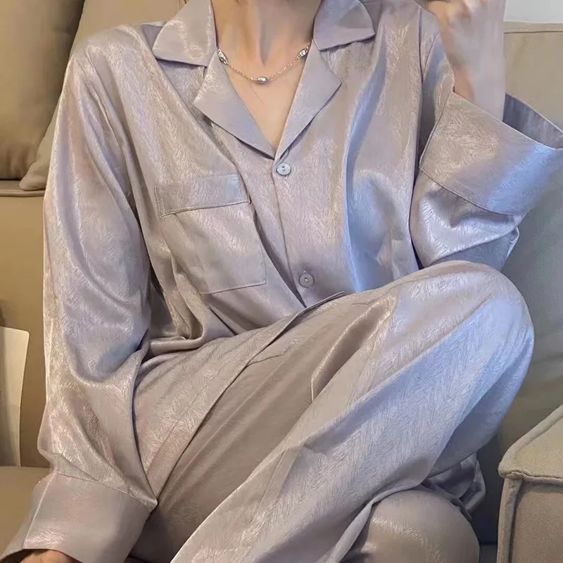 Spring And Autumn New Women's Ice Silk Fashion Pajamas, Herringbone Jacquard Long-Sleeve Loose Thin Homewear, Oversized Set