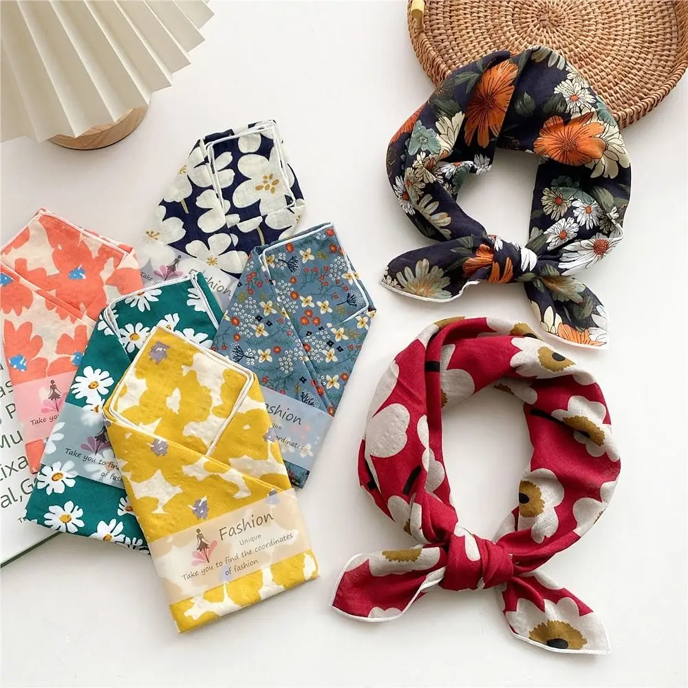 Flower Headband Cotton Linen Square Scarf Pastoral Style Hair Tie Printed Silk Scarf Head Scarf Neckerchief Scarf Hair Band