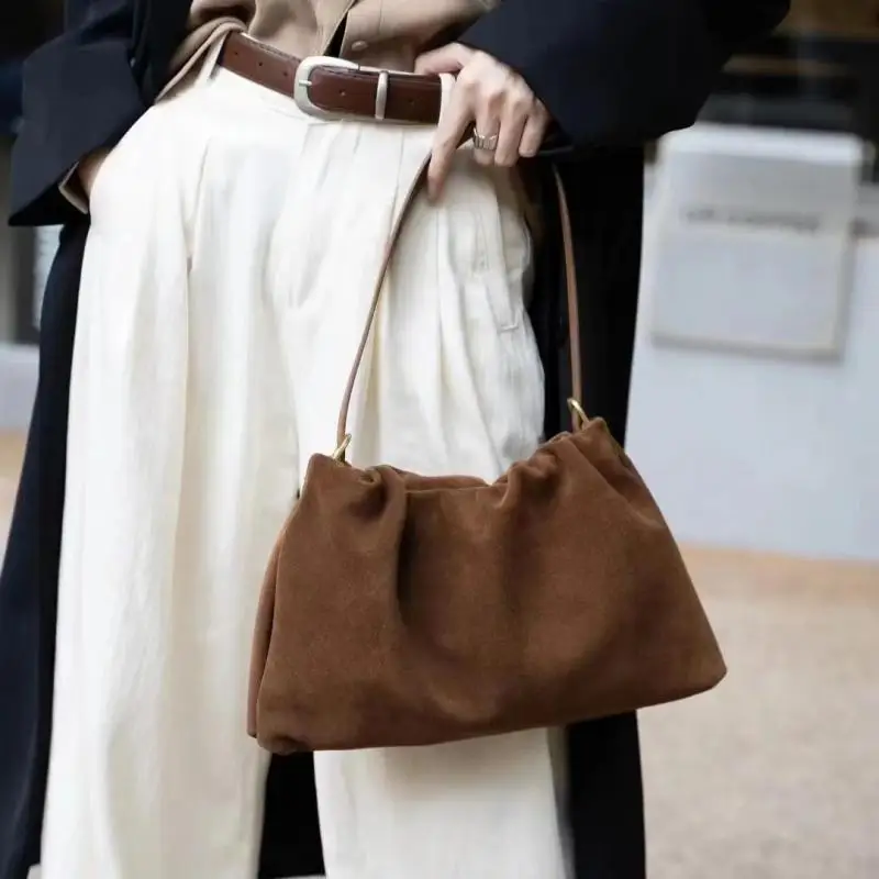 Vintage Suede Frosted Suede Cloud Tote Bag For Women Simple All-in-one Corset Drawstring Fashion Single Shoulder Crossbody Bag