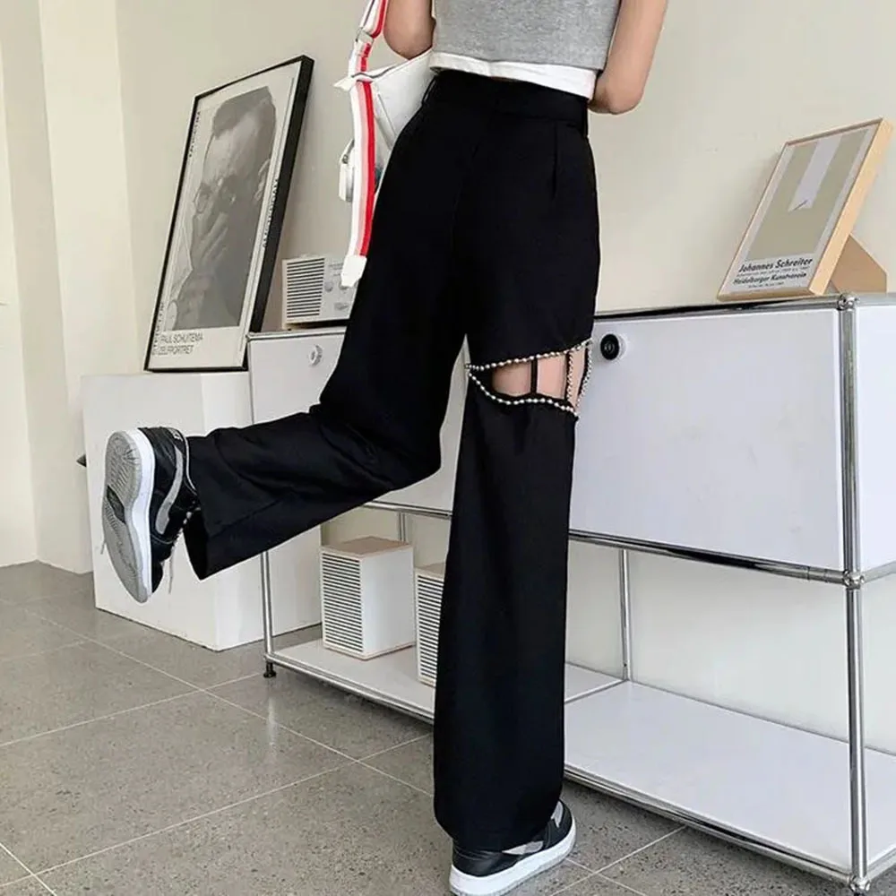 High Waist Pearl Chain Wide Leg Pants Women's Spring Autumn Loose Wide Leg Trousers Female Casual Hole Long Pantalones Mujer