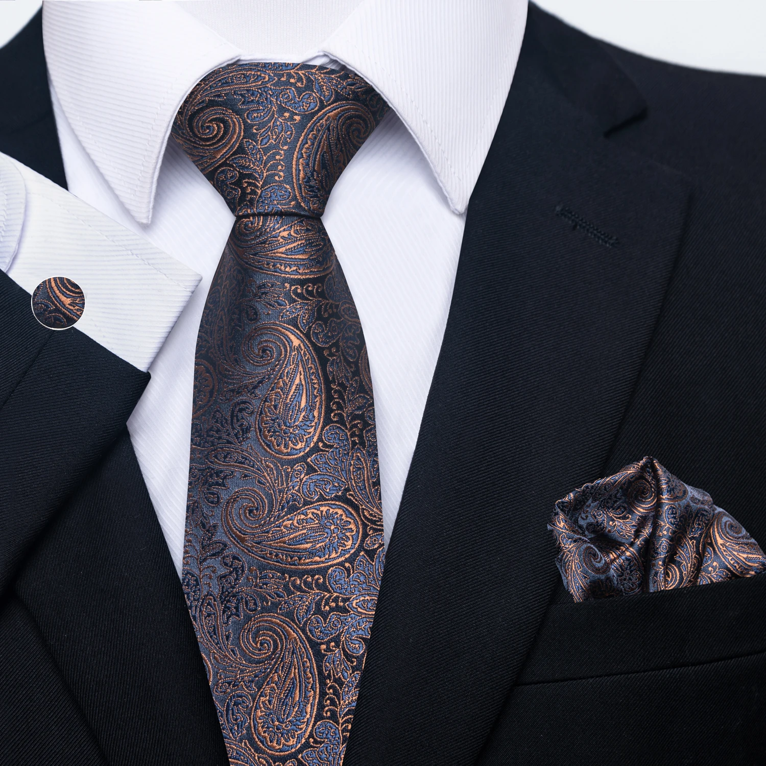 

100% Silk Tie Pocket Squares Cufflink Set Jacquard Handmade Brand Festive Present Necktie Gold Plaid Shirt Accessories Man's