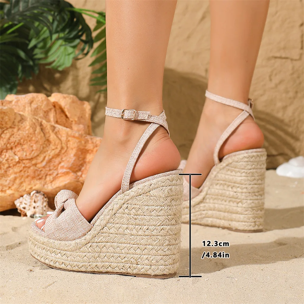 Espadrillas estive da donna in stile bohémien con punta aperta, tacco altissimo, cinturino alla caviglia, plateau e zeppe._voghion.com
