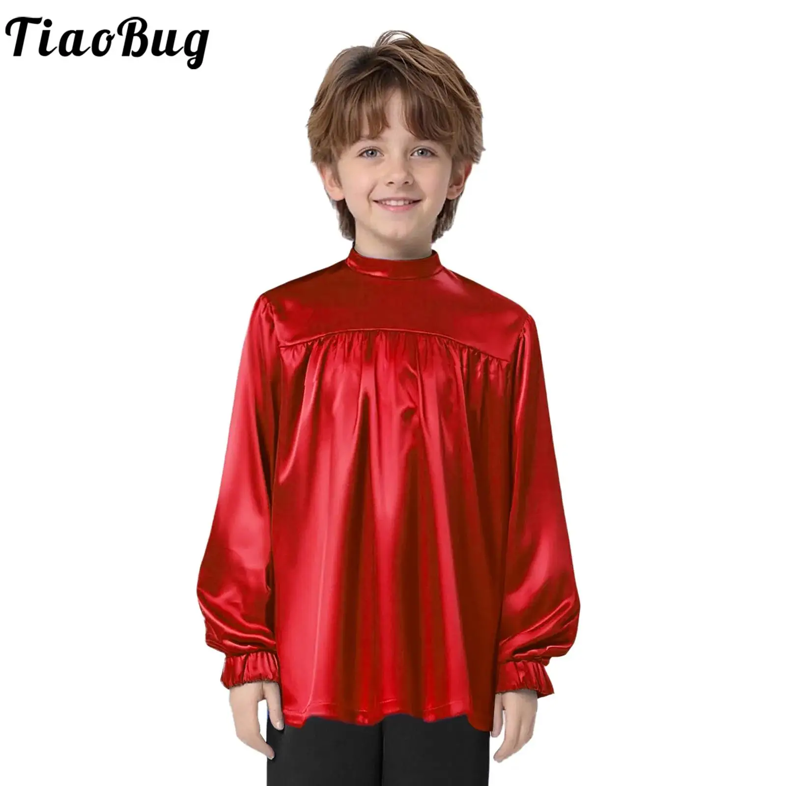 

Kids Boys Satin Praise Liturgical Dance Shirts Tops Mock Neck Long Sleeve Back Invisible Zipper Top Jazz Latin Ballet Dancewear