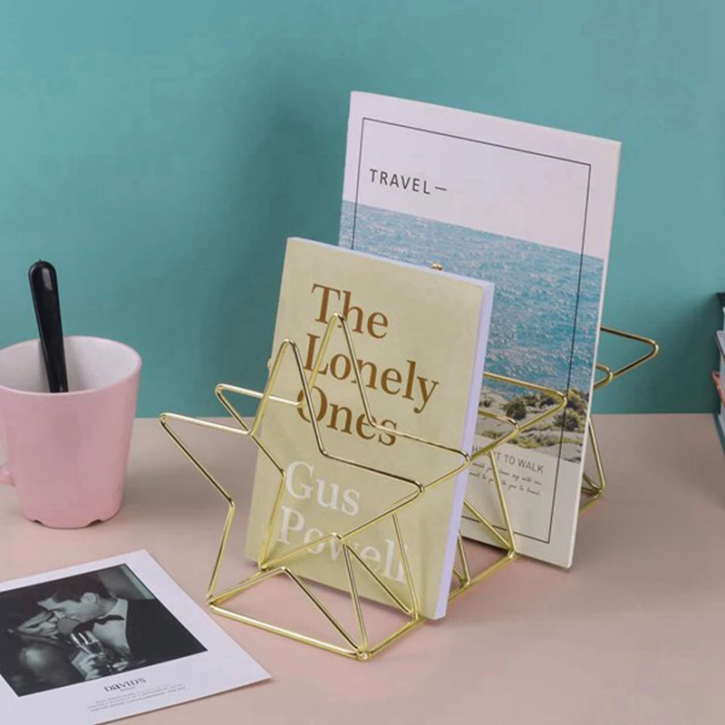 Pentagram Metal Bookend Creative Star Book Standing Document File Desktop Manager Bookshelf Stand Gold