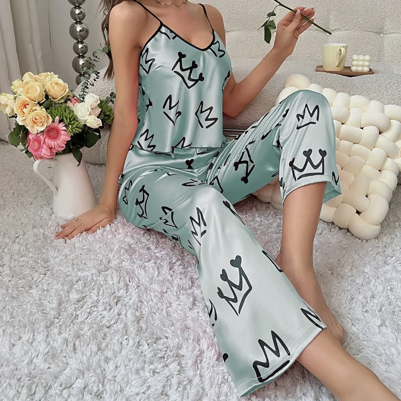 Women Silk Sleepwear Sexy Sleepwear Sleeveless Tops Pants Two Piece Suit Loungewear Pajama Sets Summer Luxury Brand Clothing
