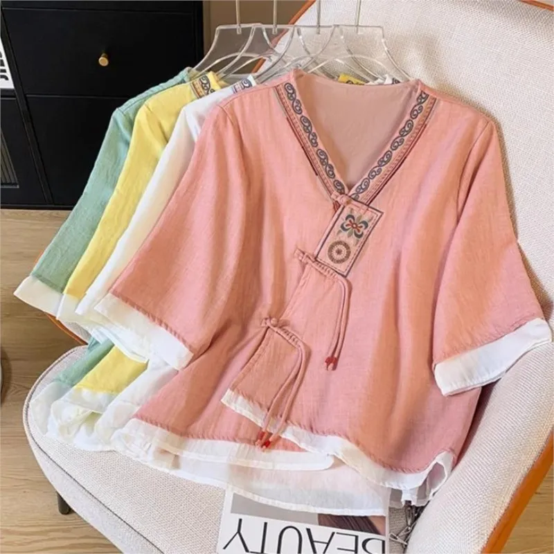 

New Chinese Maternity Retro Embroidered Short sleeved Shirt Top Maternity Summer Improved Hanfu Cotton and Hemp Zen Tea TopLF899