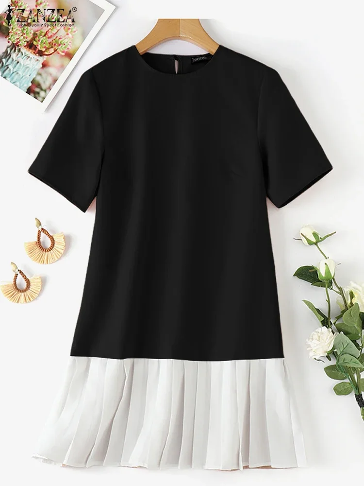 ZANZEA 2025 Elegante Gefaltete Kleid Sommer Frauen Kurzarm OL Arbeit Vestidos Stilvolle Patchwork Party Knie-länge Sommerkleid Robe