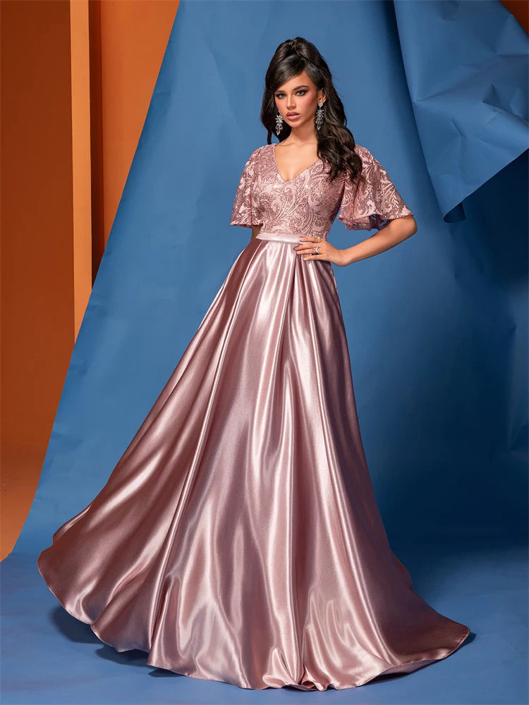 XUIBOL Elegant Short Sleeve Pink Satin Formal Evening Dress Luxury Long Women Mermaid Wedding Party Dress Cocktail Prom