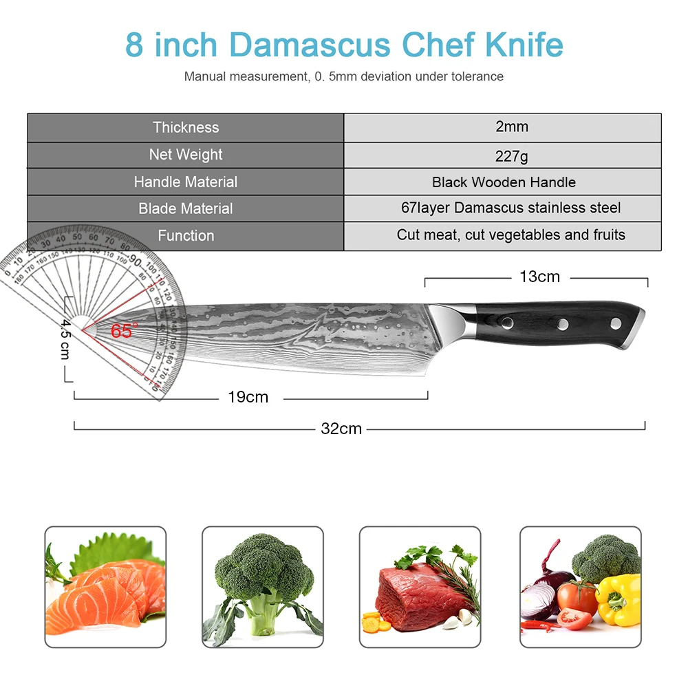 Low Price Damascus Chef's Knife 8 Inch Japanese Kitchen Knife Damascus High Carbon Steel Chef Gyuto Knife Black Wooden Handle