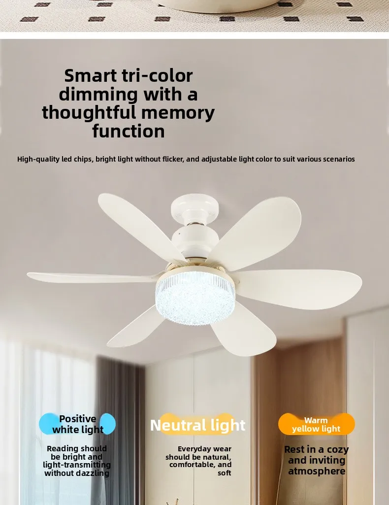 Crystal Lampshade E27 Multi-function Silent Small Ceiling Fan Light for Bedroom Dining Room Home Use