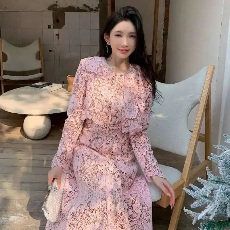 Ensemble de robe deux pièces en dentelle perlée pour femmes, vestes pour femmes, manteau précieux, robes mi-longues, robes de soirée de Rh, qualité, été, automne