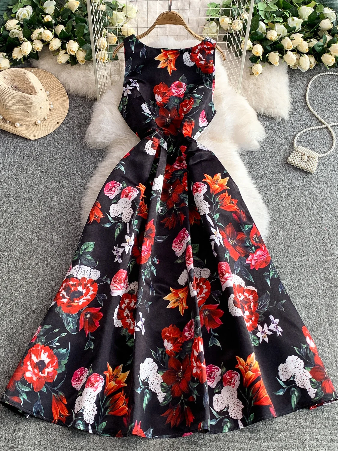 Robe longue en Satin à fleurs pour femmes, élégante, Jacquard Dobby, mi-longue, imprimée, sans manches, Vintage, décontractée
