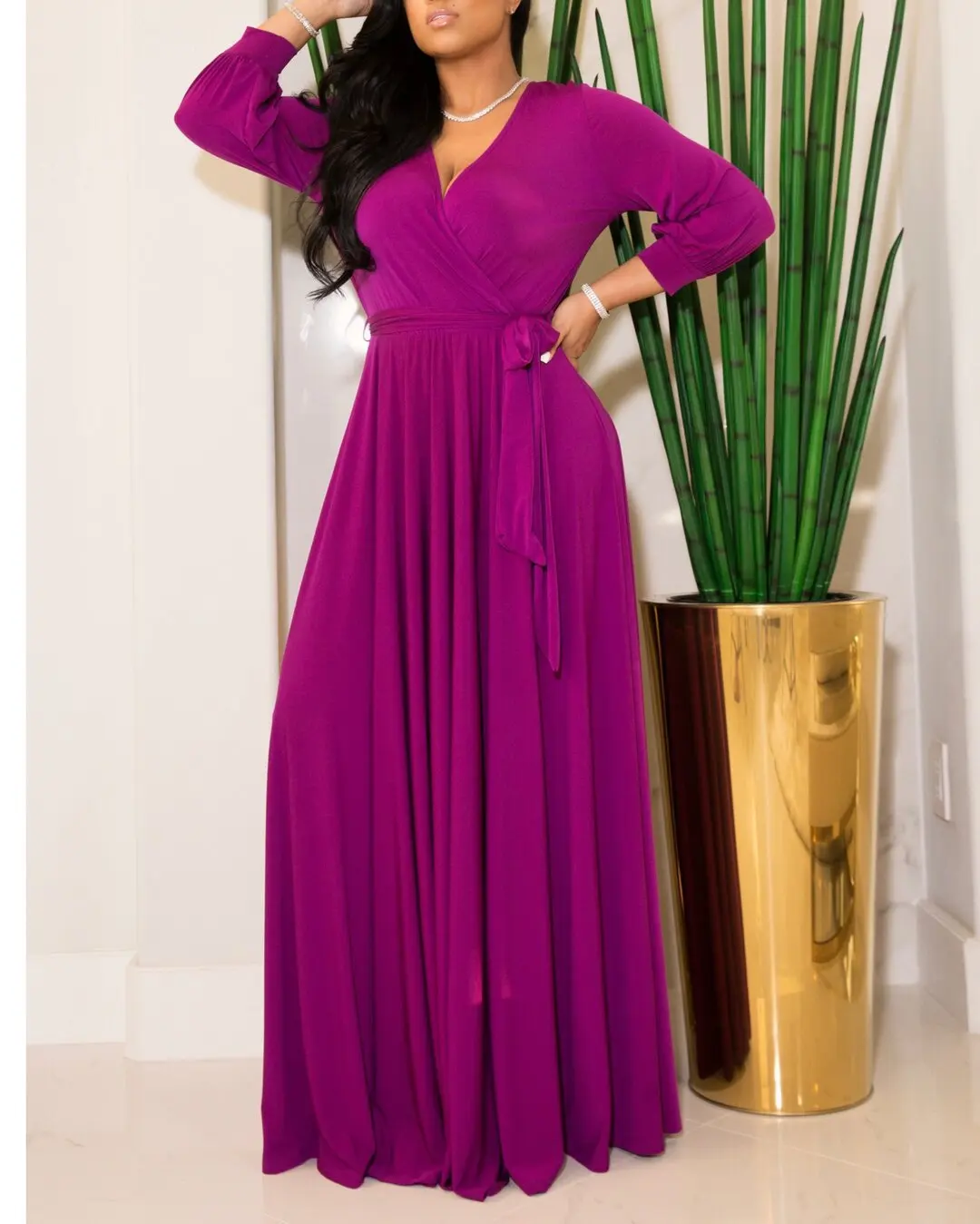 Women Elegant Dress Large Big Size 4XL 5XL High Waist Full Sleeve V Neck A Line Floor Length Evening Night Party Long Vestidos