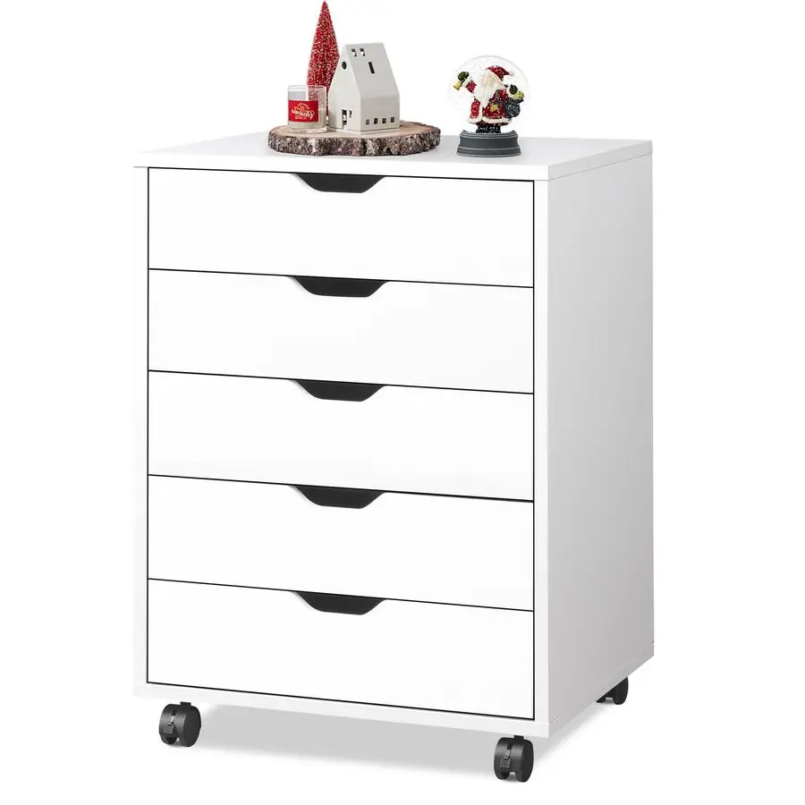 

5Drawer Chest, Wood Storage File Cabinet with Wheels, White