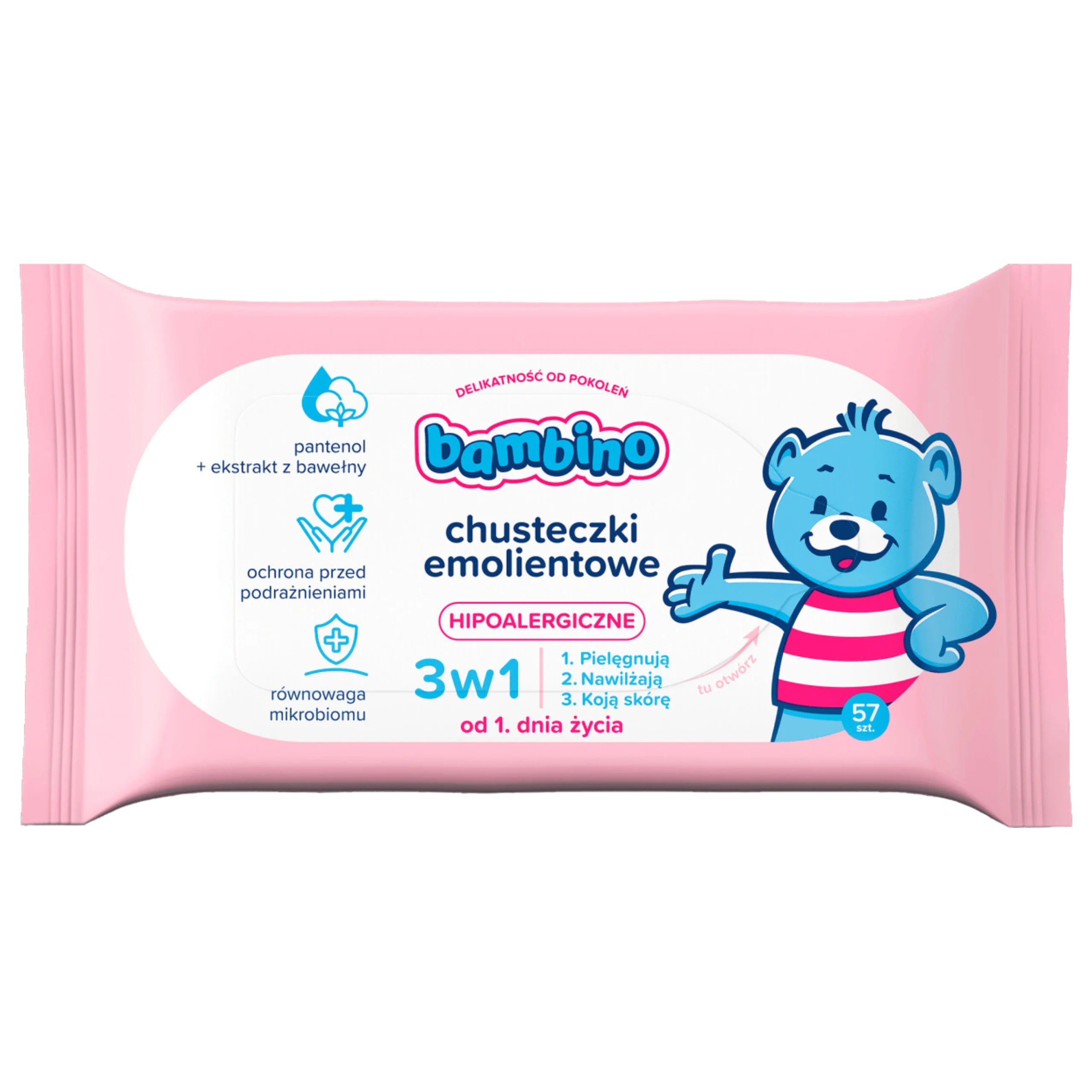 BAMBINO Chusteczki Nawilżane Emolientowe 3w1 Hipoalergiczne Łagodne 57 szt