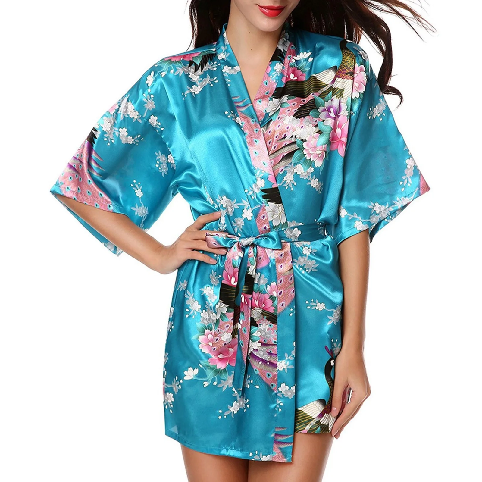 Ladies’ Simulation Silk Printing Traditional Classic Robe Fashion Gown Bath Robe Bird And tree Print Comfortable Sleepwear