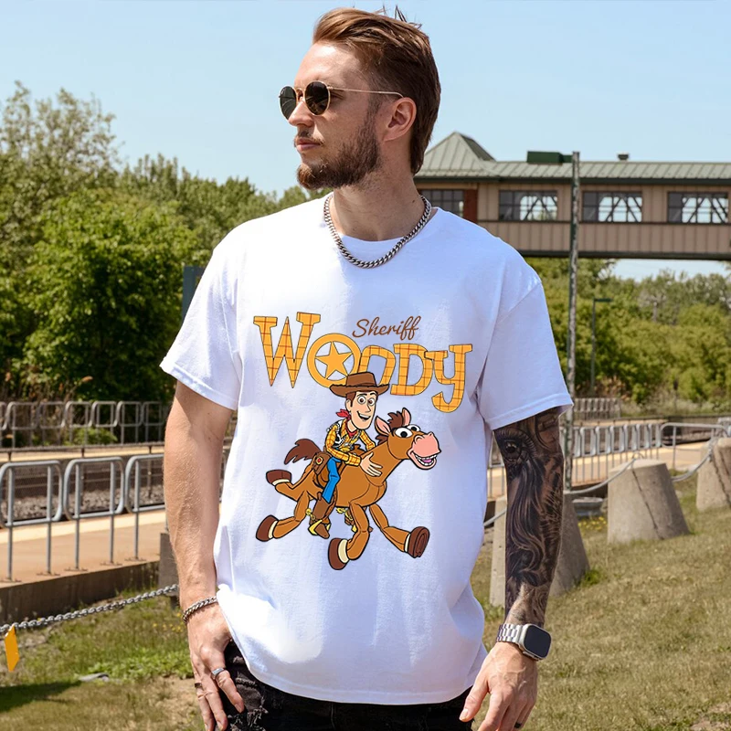 Disney Sheriff Woody Cowboy and Bullseye Print Men's T-Shirt Pure Cotton Short Sleeve Casual Top Loose Men's Clothing