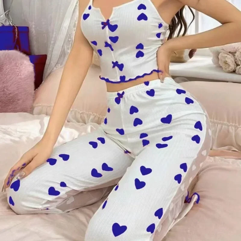 Women's Pajamas Printed Color Patchwork Mesh Home Dress Front Split Halter Pajamas 2 Sets  Women's Tube Top  Lingeries Sexy Hot