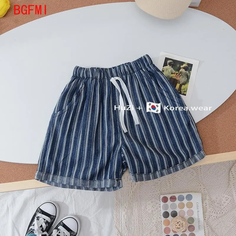 Korean Summer Outfit Boys Striped Children\'s Clothing Kid Clothes Suit Baby Thin Denim Short Sleeved Shirt+shorts 2-piece Set