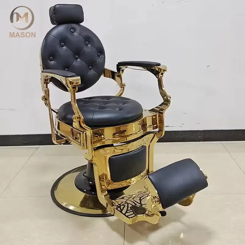 Hydraulic Barber Chair Black Gold Antique Tufted Leather Swivel Base Adjustable Height Hairdressing Chair for Spa