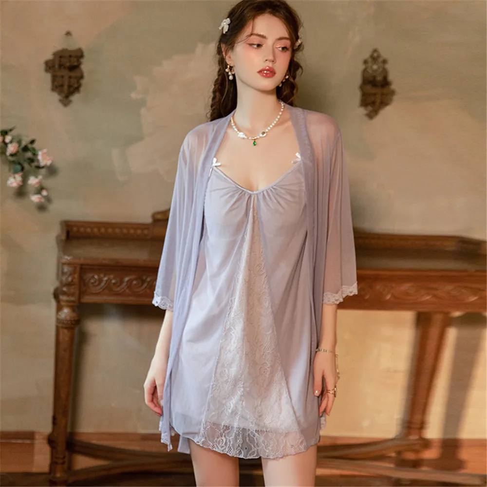 

Women's Sleepwear Sexy Mesh 2PCS Robe Nightgown Set Summer Lace Nightwear Homewear Loungewear