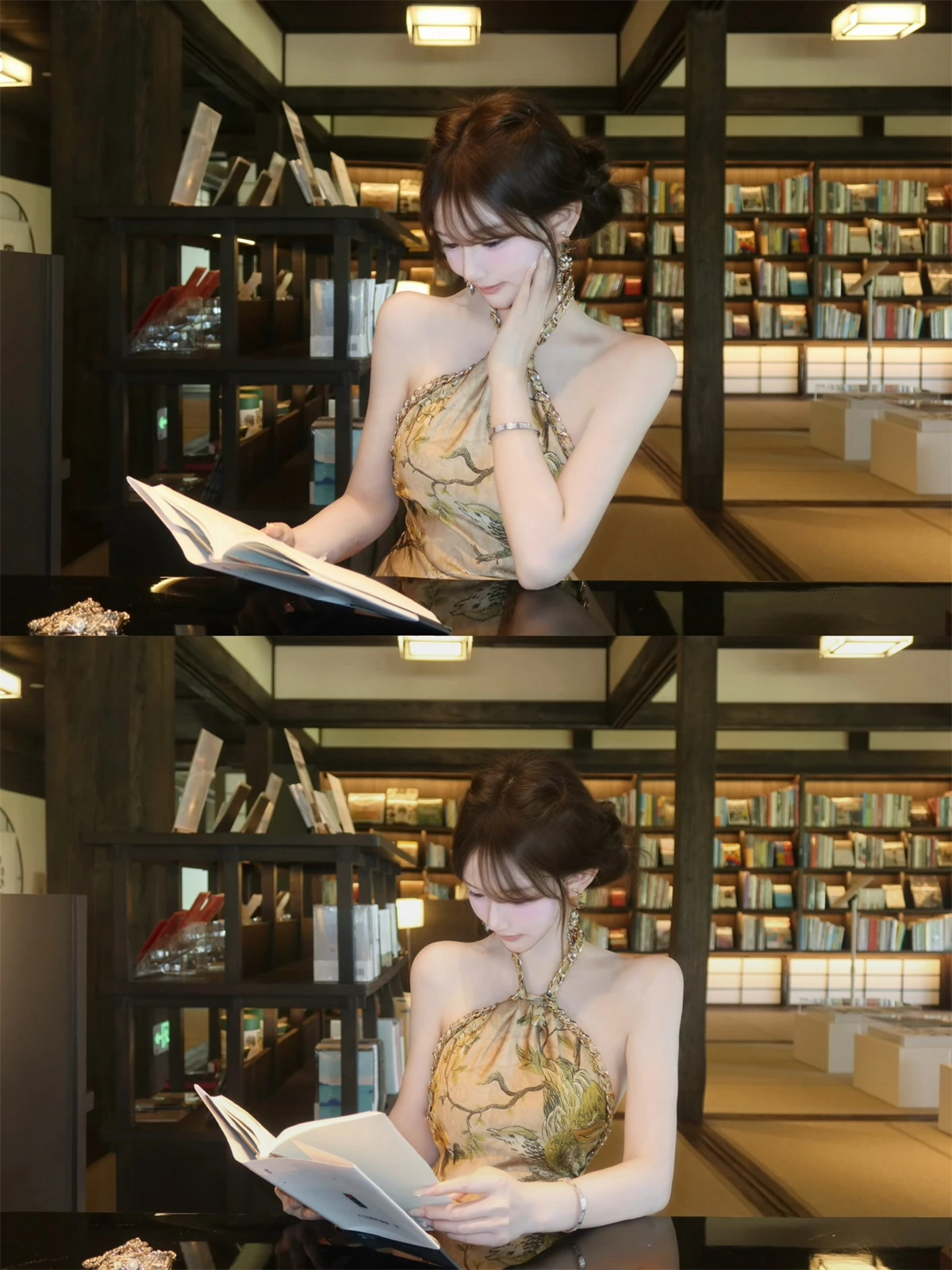 Kikimy Original Vintage Gold-Plated Printed Dress Neck Hanging Strap Women's Slim Fit Moisture Wicking Floral Patterned Dress