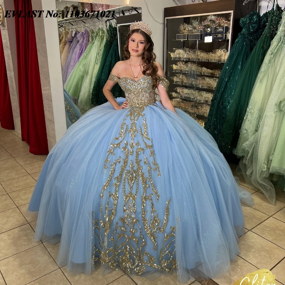 Evlast Elegante Blauwe Quinnceanera Jurk Baljurk Glanzend Goud Kanten Applique Kralen Strik Korset Sweet 16 Vestidos De 15 Anos Sq643