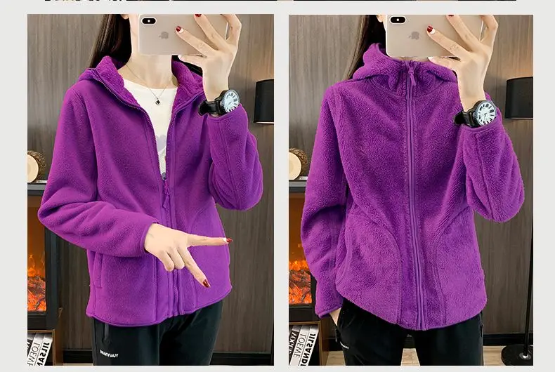 Zip-up Hooded Double-sided Wear Flannel Sweatshirt Women Thick Slim Fleece-lined Jacket Outdoor Sports Y2k Autumn Winter Coat