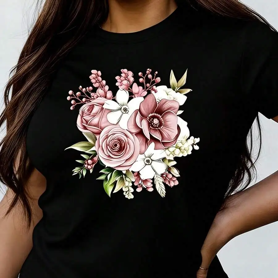 Vintage Retro Aesthetic Women Plus Size Short Sleeve T‑Shirt Pink Rose Graphic Tee Casual Summer Tops