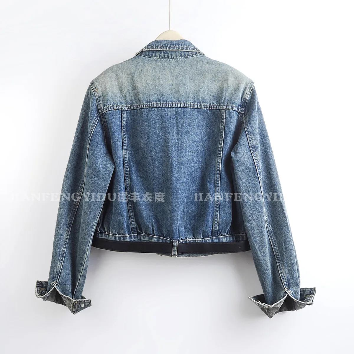 Autumn Women Blue Casual Short Cowboy Outerwear With Belt Turndown Collar Long Sleeve Jeans Jacket Female Basic Coat Ropa Mujer