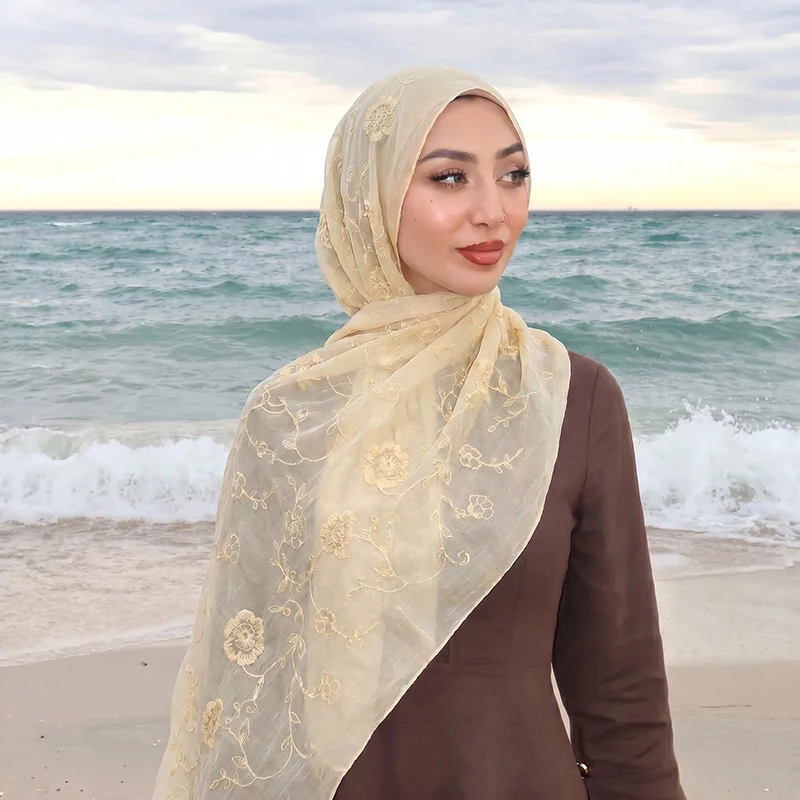 Floral Embroidery Muslim Hijab Sheer Scarf Soft Lightweight Headscarf for Women Daily Modest Wear Islamic Head Wrap Accessory view 6