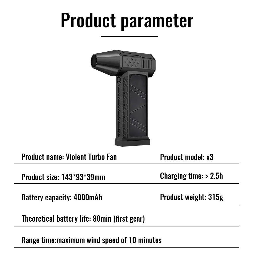 مروحة توربينية عالية السرعة 130,000 دورة في الدقيقة، مروحة محرك X3 بدون فرش، تعديل قوة الرياح، تصميم لاسلكي للعواصف، شحن سريع USB